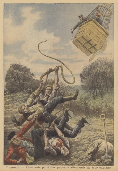 En ballongfarer som straffer tyske bønder for deres grådighet (farge litho) av French School