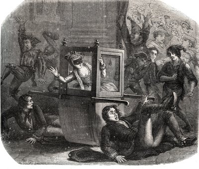 Et band med jokere hindrer Marie-Therese (Marie Therese) Le Vasseur (Levasseur) (1721-1801), et kostyme for karnevalet, fra å gå videre i rullestolen hennes. Hun er et offer for hevnen til en av de tidligere elskerne. Gravering fra 1871 i "Histoire Des Coc av French School