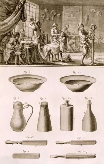 En frisørsalong og barberverktøy, fra Encyclopedie des Sciences et Metiers av Denis Diderot (1713-84) utgitt ca. 1770 av French School