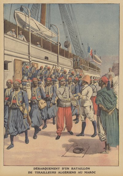 En bataljon av algeriske tiraillører går av fra et skip i Casablanca, Marokko (farge litho) av French School