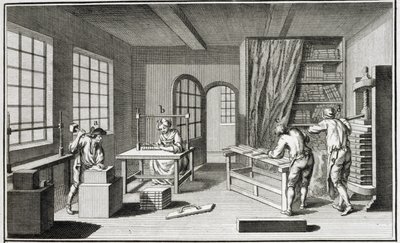 Et bookmakerverksted, fra Encyclopedie des Sciences et Metiers av Denis Diderot (1713-84) utgitt ca. 1770 av French School