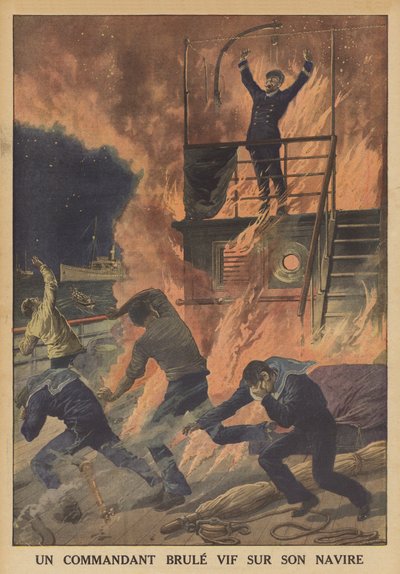 En kaptein brent levende på skipet sitt (farge litho) av French School
