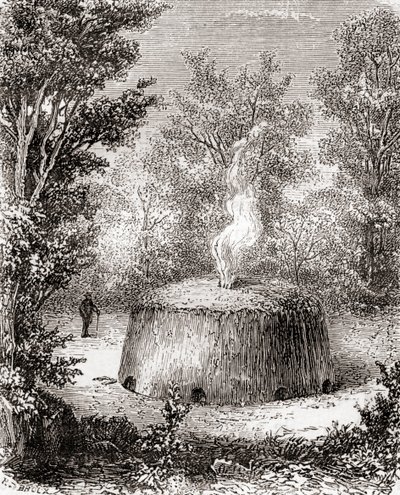 En kullovn i skogen, etter en tegning fra 1800-tallet, fra Les Merveilles de la Science, utgitt ca. 1870 (gravering) av French School