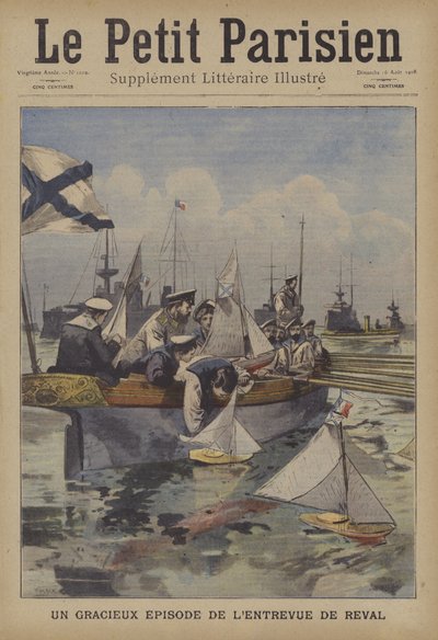En sjarmerende episode under den franske presidentens møte med tsar Nicholas II på Revel (farge litho) av French School