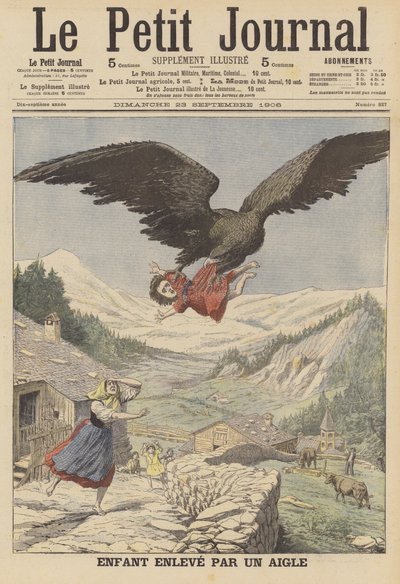 Et barn båret av en ørn i de italienske alpene (farge litho) av French School