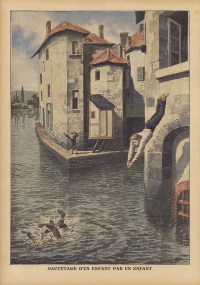 Et barn redder en annen fra å drukne i Givors-kanalen, Frankrike (farge litho) av French School