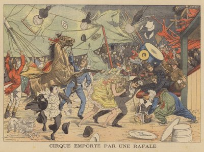 Et sirkustelt ført bort av et vindkast (fargelitografi) av French School