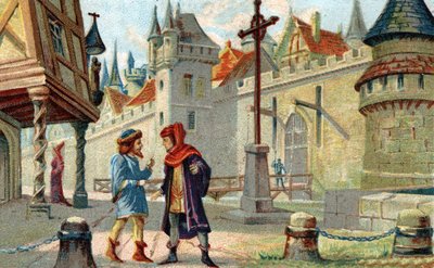A city in the Middle Ages. Chromolithography of the late 19th century. av French School