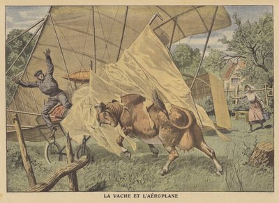 En ku som angriper et fly i det amerikanske midtvesten (farge litho) av French School