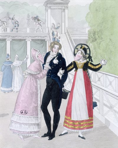 En dandy som kurtes av to maskerte kvinner, fra serien Le Bon Genre (håndfarget gravering) av French School