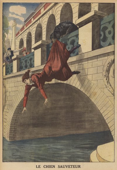 En hund redder en kvinne fra å falle fra en bro (farge litho) av French School