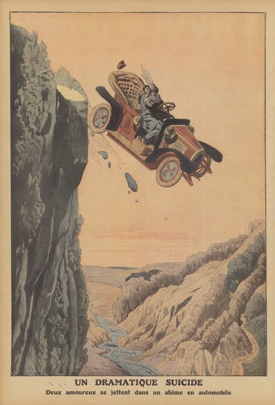 Et dramatisk selvmord i California (farge litho) av French School