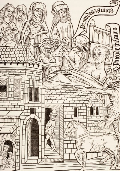 En døende synder omgitt av sin familie og to djevler hvisker i øret hans, side fra 1400-tallets tekst Ars Moriendi eller The Art of Dying, fra Les Artes au Moyen Age, publisert 1873 av French School