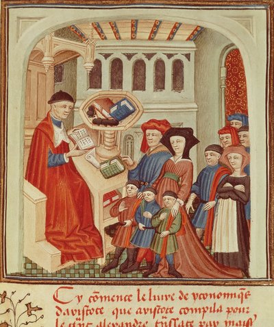 En familie foran en finansmann, miniatyr fra Ethics, Politics, the Economy av Aristoteles, Frankrike av French School