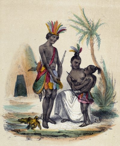 En familie av kanadiske indianere foran tipiene sine; illustrasjon for Canada, -i "The twelve Nations" av M.E Fouinet av French School