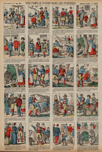 En familie av bjørner i Pyreneene (farget gravering) av French School
