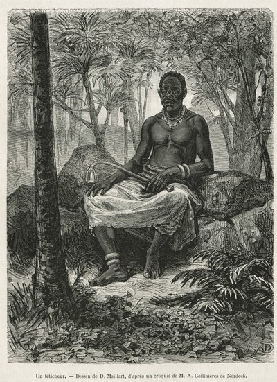 En fetisjist, trollmann i stand til å bruke fetisjenes magiske kraft, tegning av D. Maillart, for å illustrere historien om en reise til Gabon og Ogoue-elven, i 1875–1877, av Alfred Marche. Gravering i Le tour du monde av French School