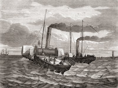 Et første forsøk i 1850 av John Watkins Bretts anglo-franske telegrafselskap på å legge den første linjen under Den engelske kanal, fra Dover til Calais, ved bruk av de ombygde slepebåtene Goliath og Widgeon, fra Les Merveilles de la Science, utgitt ca. 18 av French School
