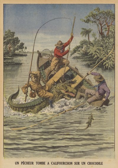 En fisker faller over en krokodille etter at den kantret båten hans (farge litho) av French School