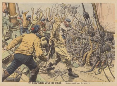 En fiskebåt angrepet av fangsten av blekksprut (farge litho) av French School