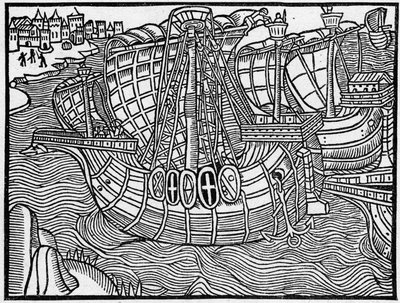 En flåte på 1400-tallet, etter en gravering av "Vergier Dõhonneur". Gravering i «La Marine et les colonies: handel» av French School