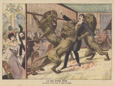 En tåpelig ung mann angrepet av løver etter å ha gått inn i buret deres (farge litho) av French School