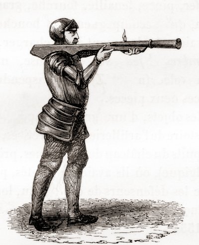 En fotsoldat som bruker et håndholdt bombardement, sent på 1300- og 1400-tallet, etter en tegning fra 1800-tallet, fra Les Merveilles de la Science, publisert ca. 1870 (gravering) av French School