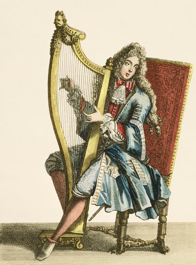 En herre som spiller harpe av French School