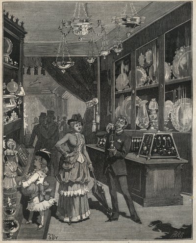 En gullbutikk i Frankrike på 1800-tallet. Gravering fra 1885 i "" Les arts et metiers illustres"" av Adolphe BITARD. av French School