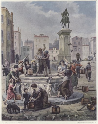 En gruppe kvinner samler vann fra en brønn i Venezia av French School