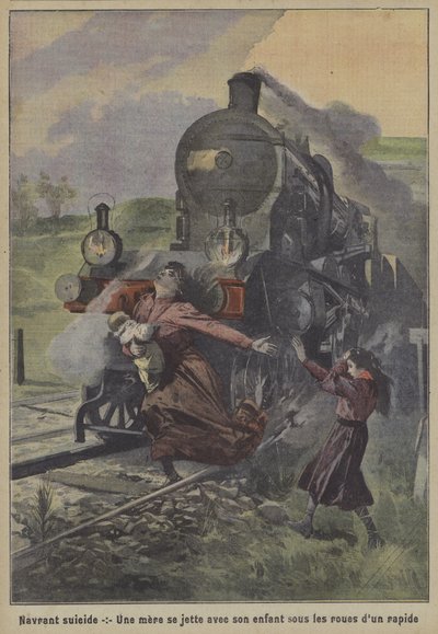 Et hjerteskjærende selvmord: en mor som kaster seg og barnet sitt under hjulene på et ekspresstog (farge litho) av French School