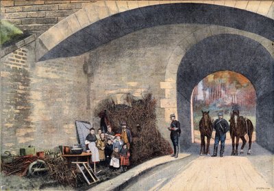 A homeless family camped under a bridge in Paris. Engraving taken from the newspaper " Le Petit Parisien”” av French School