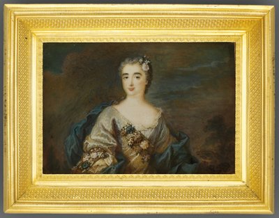 En dame kalt Louise-Jeanne de Durfot, Duchesse de Mazarin et de la Meilleraye, ca. 1750 (akvarell på elfenben) (se også 1630586) av French School