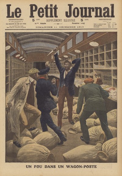 En galning i en postvogn på et tog som ankommer Paris (farge litho) av French School