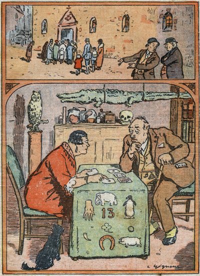 En mann som håner troende mens han går til messe. Den samme mannen lytter oppmerksomt til ordene til en synsk person. Tegneserie i «Le Pelerin» 26. februar av French School