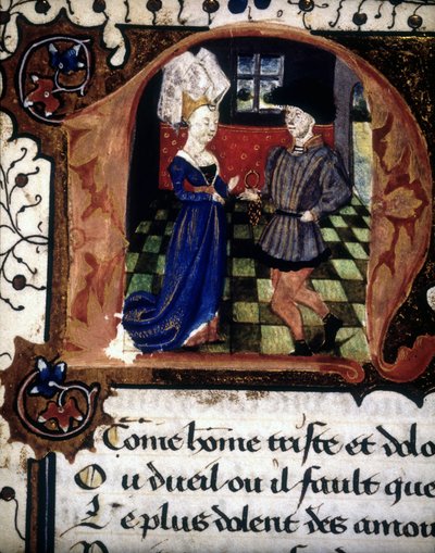 En mann tilbyr en ring til en dame (lettrine "" n"). av French School