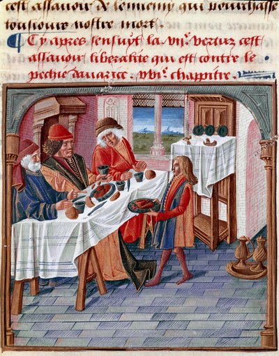 En mann deler bordet sitt med en fattig trengende Miniatyr hentet fra «Le livre de bonnes moreurs de Jacques Legrand» 1490 Chantilly, Musee Conde av French School
