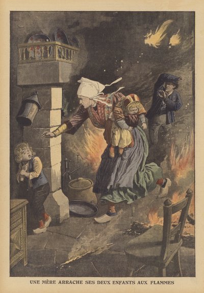 En mor redder barna sine fra en brann (farge litho) av French School