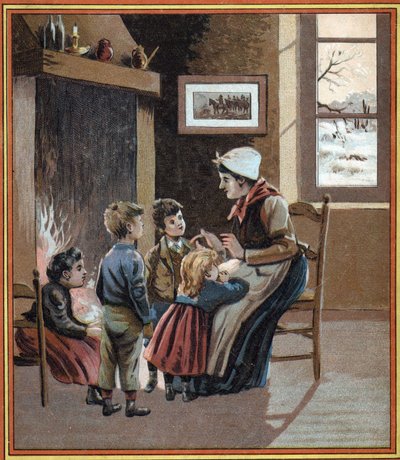 En mor forteller historier til barna sine ved bålet. Omslag til boken "" Les tales du foyer pour les petits""". Anonym gravering fra 1800-tallet. av French School