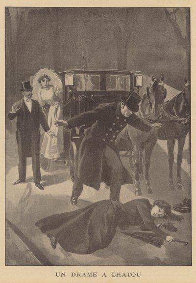 Et drap i Chatou, Paris (litho) av French School