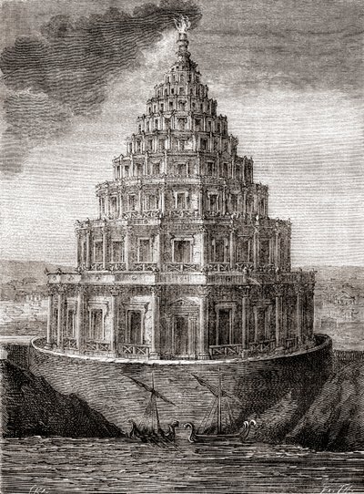 En imaginær skildring av det nittende århundre av Fyret i Alexandria, alias Pharos av Alexandria, et fyrtårn bygget av det ptolemaiske riket mellom 280 og 247 f.Kr., fra 