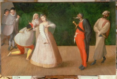 En forestilling av Commedia dell#39;Arte … (maleri på lerret) av French School
