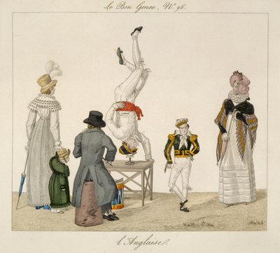 En utøver som står på hodet og balanserer på et glass, plate 96 fra le Bon Genre, ca. 1810 (fargegravering) av French School