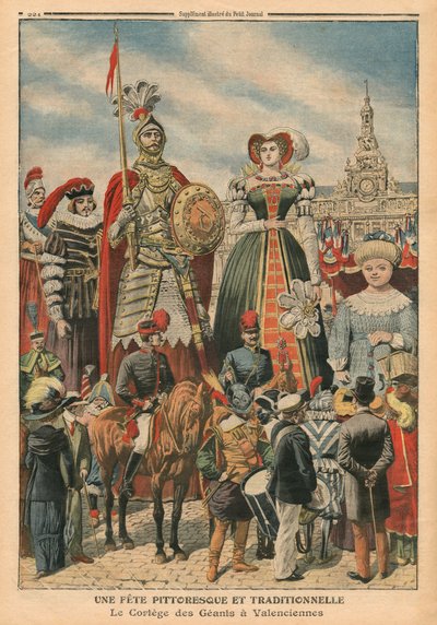 En pittoresk og tradisjonell fest, prosesjonen til gigantene i Valenciennes, illustrasjon fra 
