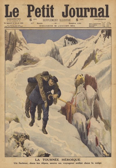 Et postbud redder en reisende tapt i snøen i Alpene (farge litho) av French School
