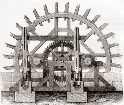 En pulvermølle og dens vannhjul, etter en tegning fra 1800-tallet, fra Les Merveilles de la Science, publisert ca. 1870 (gravering) av French School