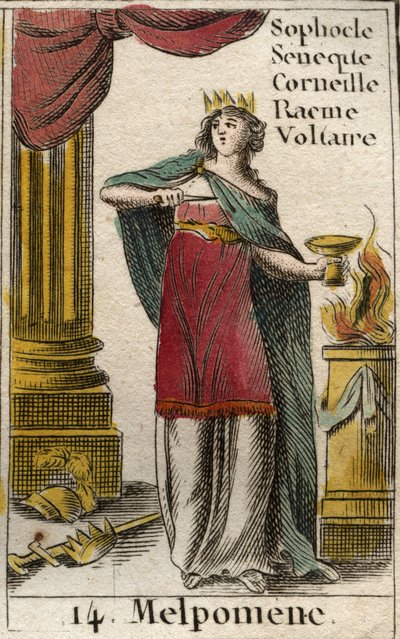 En representasjon av melpomene, muse av tragedien, hun bærer en krone, et septer og en dolk, samt en kopp gift (Representation of Melpomene, Muse of Tragedy, med en krone, en tragisk maske, en kniv og en kopp av gift Fra "Mythology of Youth" av av French School