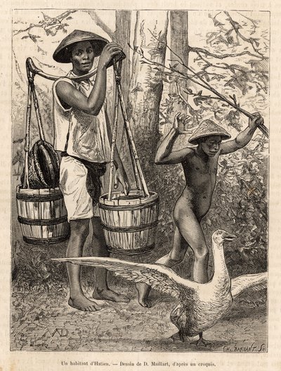 En innbygger i Hatien (Vietnam) som bærer bøtter og kurv og et barn som jakter på en gås med en pinne, graverer etter en tegning av Robin som illustrerer reisen til Cochinchine, av doktor Morice, i 1872, publisert i "" Le tour du monde"" ” 1875, redigert a av French School