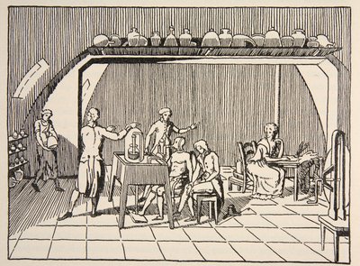 Et respirasjonseksperiment i laboratoriet til Lavoisier, kopi av Boris Mestchersky (d.1957) illustrasjon fra Histoire de la Nation Francaise, Sciences, Volumes I & II, av Gabriel Hanotaux (1853-1944) av French School