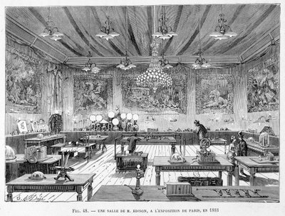 Et rom av Mr. Edison på Paris-utstillingen i 1881 - i "The new conquests of science" av Louis Figuier av French School